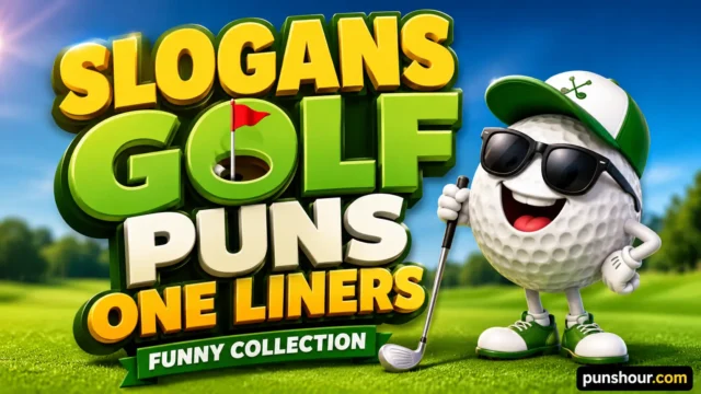 A bright thumbnail for an article about slogans golf puns one liners, featuring a golf ball cartoon mascot and 3D text.