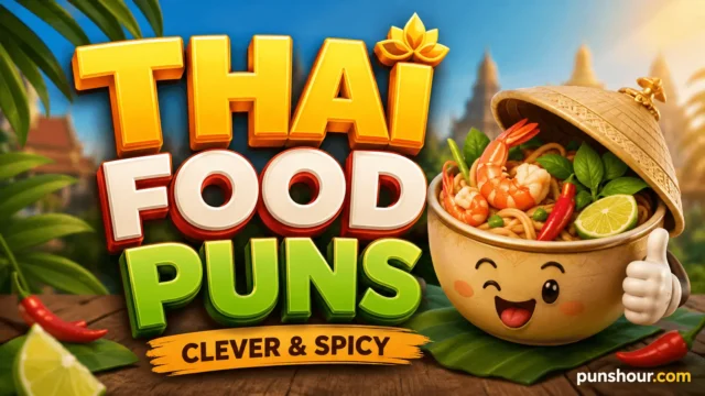 Bold 3D typography displaying Thai food puns alongside a cute cartoon chef mascot and subtle brand watermark.