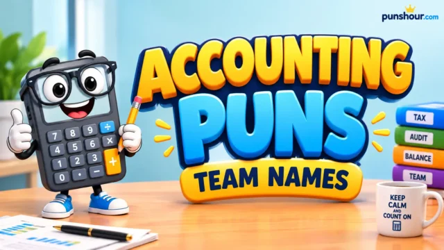 A bright blue and gold 3D title reading ACCOUNTING PUNS TEAM NAMES with a friendly cartoon calculator.