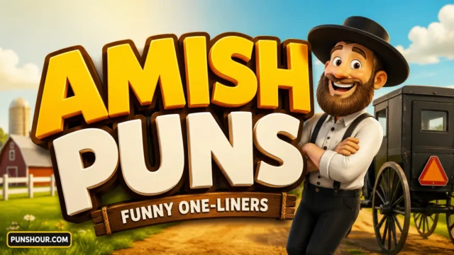A clean featured image for an article about amish puns, with large 3D text and cartoon graphics.
