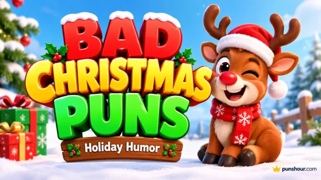 Bold 3D typography of "Christmas Puns" with a reindeer mascot and Christmas tree on a winter background.