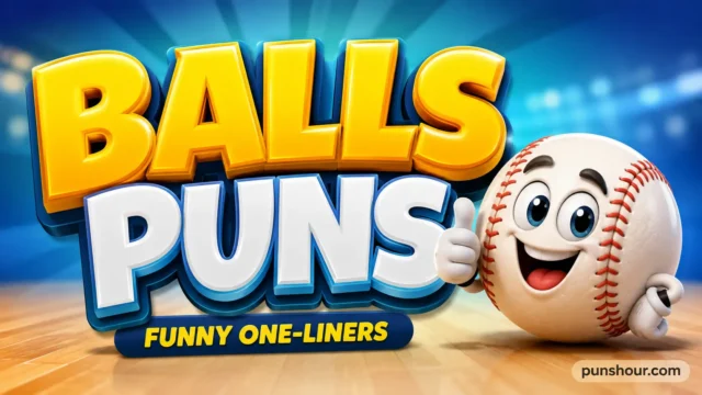 Colorful 3D title "BALLS PUNS" with a cute cartoon soccer ball character and a "Bouncy Humor" tagline.