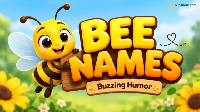 A cheerful cartoon bee flies next to bold 3D text reading "BEE NAMES PUNS" with the tagline "Buzzworthy Wordplay".