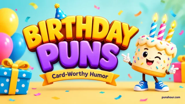 Featured image featuring 3D text and a happy greeting card mascot for birthday puns to write in a card.