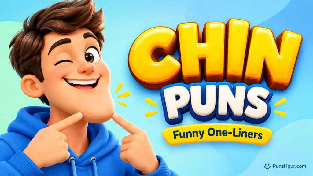 Bold 3D typography displaying chin puns with a smiling cartoon mascot thinking on a clean gradient background.