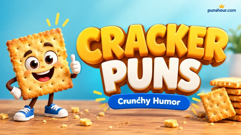 Featured cover image with bold 3D text reading Cracker Puns beside a smiling cartoon cracker mascot.
