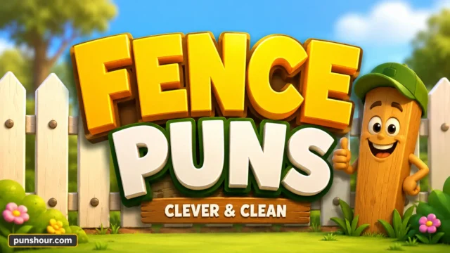 Chunky 3D text reading "FENCE PUNS" with a cartoon beaver by a small fence, perfect for a collection of fence puns.