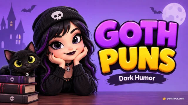 A 16:9 featured image for goth puns, showcasing premium 3D typography and a cute gothic bat mascot.