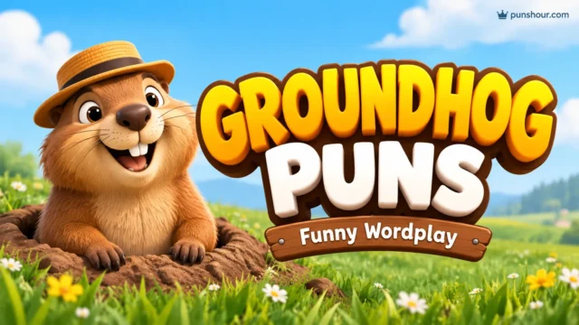 Bold 3D groundhog puns headline with a cheerful cartoon groundhog mascot popping out of a burrow on a grassy hill.