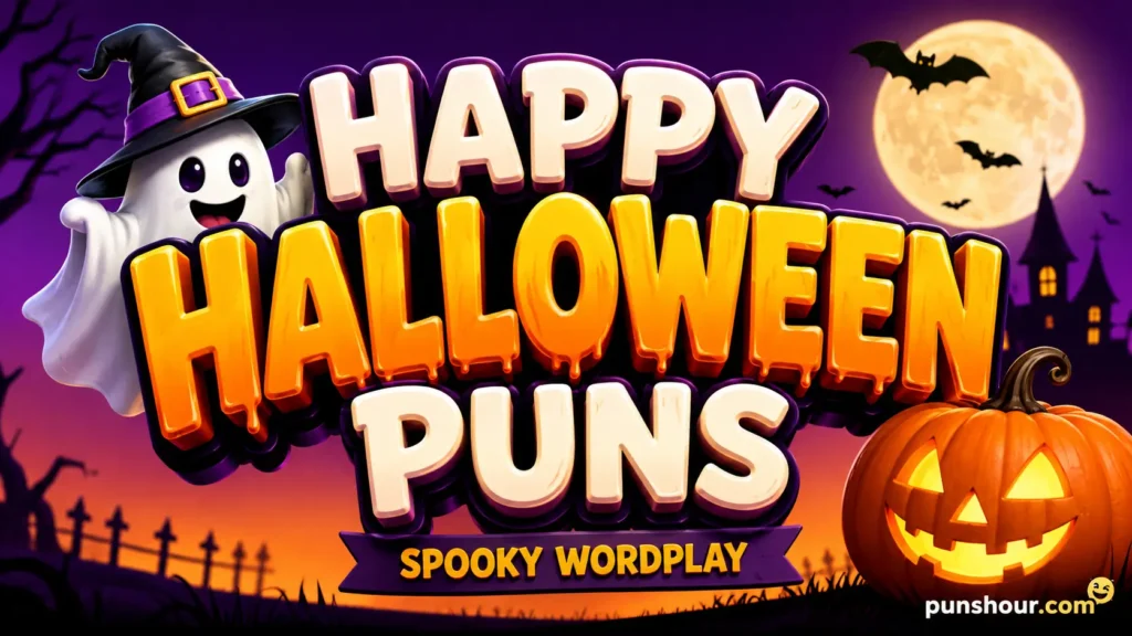 Featured cover image showcasing happy halloween puns with 3D typography and a friendly cartoon ghost mascot.