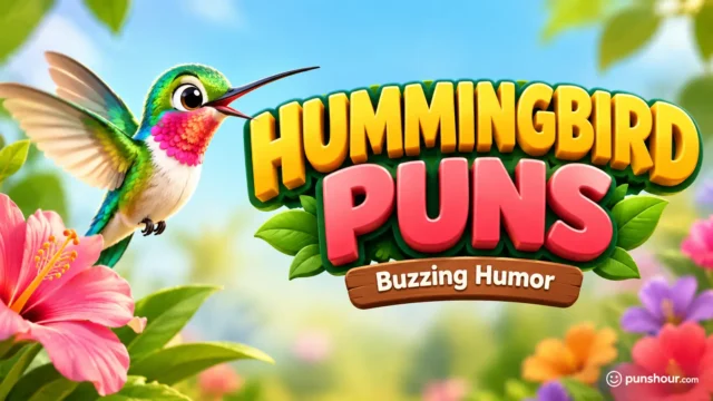 Featured cover image showcasing bold 3D hummingbird puns text with a colorful illustrated hummingbird mascot.