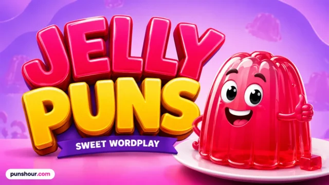 A colorful featured image for jelly puns, featuring wobbly 3D text and a happy cartoon grape gelatin mascot.