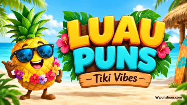 Featured image for luau puns featuring bold 3D tropical typography and a ukulele mascot.