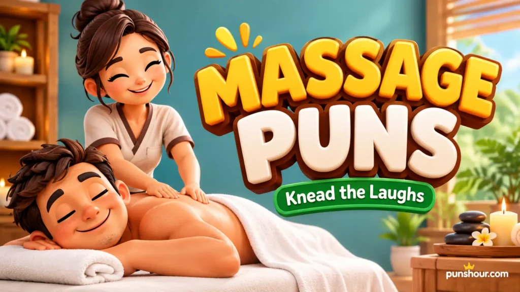 A 3D thumbnail for massage puns featuring a panda in a robe massaging a bamboo character.