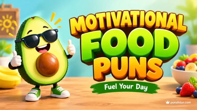 Large colorful 3D text reading "MOTIVATIONAL FOOD PUNS" with a flexing banana mascot, optimized for thumbnails.
