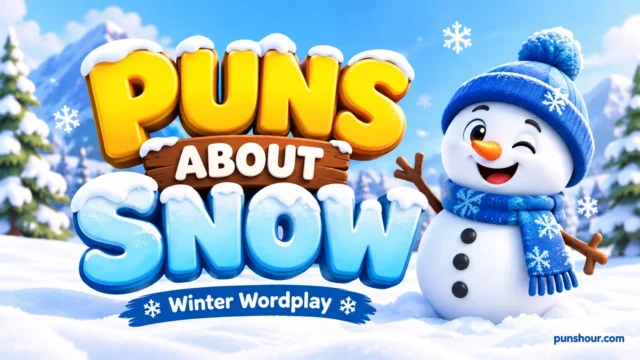 Chunky 3D typography reads 'SNOW PUNS' with an adorable snowflake mascot and the tagline 'HILARIOUS WINTER ONE-LINERS' for punshour.com.