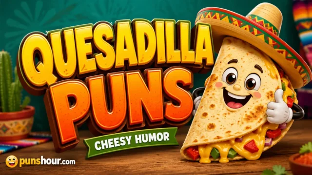 Bold 3D title text for quesadilla puns featuring a smiling cartoon quesadilla mascot on a warm yellow background.