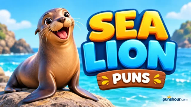 Featured image for sea lion puns article featuring 3D bold typography, a cute sea lion mascot, and punshour.com logo.