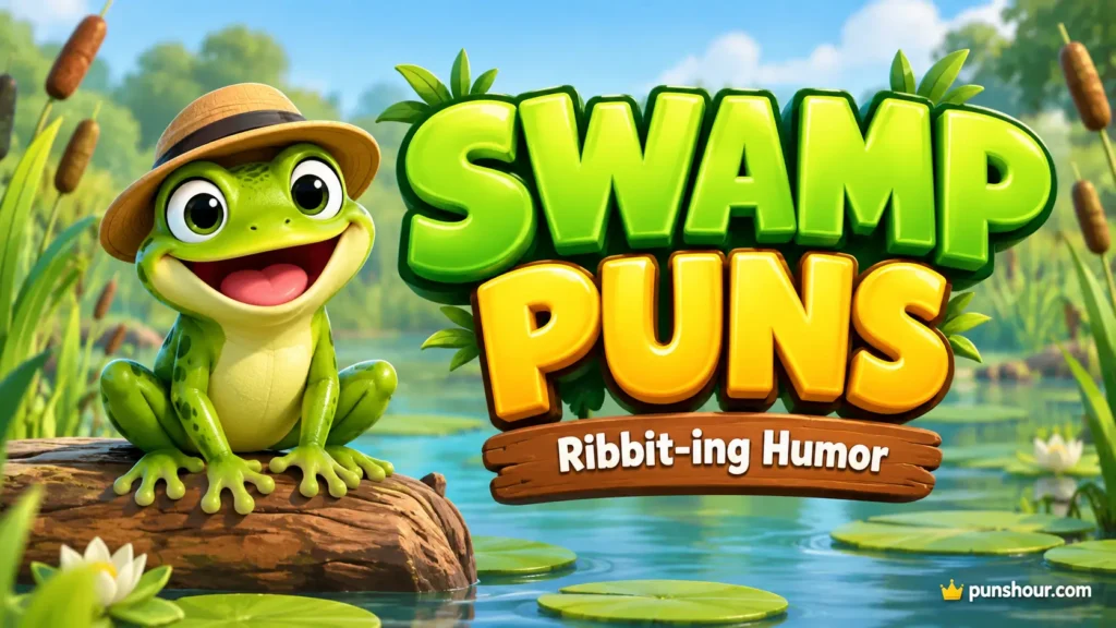 A colorful featured image with 3D text reading Swamp Puns, featuring a cheerful cartoon frog in a sunny wetland.