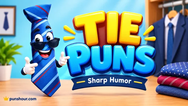 A bright and fun featured image with 3D text for tie puns, a cartoon tie character, and clean background patterns.
