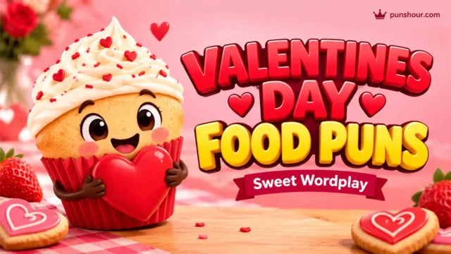 A bright featured image for 'valentines day food puns' with large 3D text and food mascots like a taco and pizza slice.