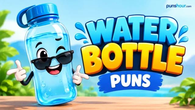 A vibrant 3D title reading "[water bottle puns]" next to a cheerful cartoon water bottle character.