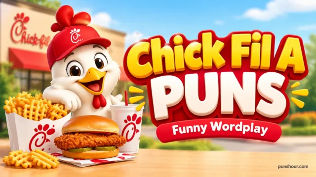 Chick Fil A puns thumbnail with a cheerful chicken mascot, waffle fries, and bold 3D text.