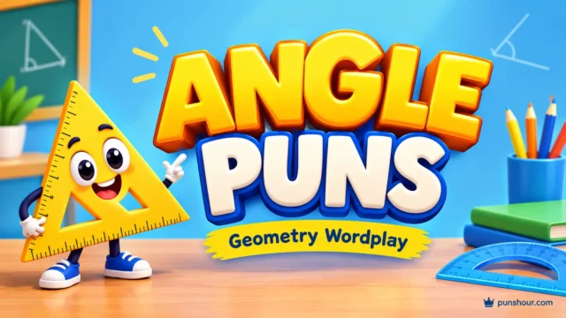 Angle puns featured image with bold 3D lettering and a smiling yellow triangle mascot.