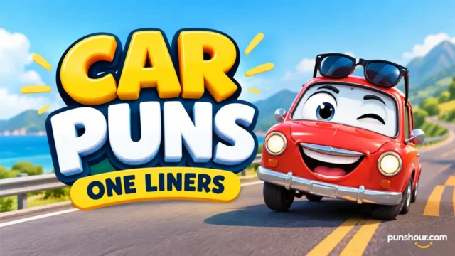 Car puns one liners featured image with a smiling red cartoon car on a scenic road.