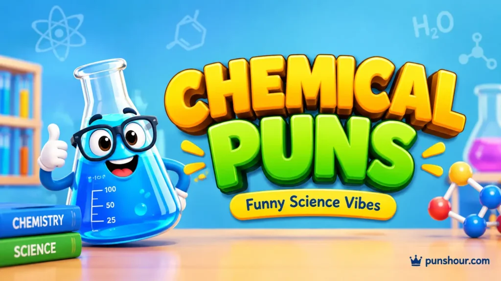 Chemical puns featured image with bold 3D lettering and a cheerful cartoon chemistry flask.