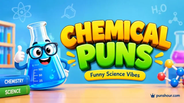 Chemical puns featured image with bold 3D lettering and a cheerful cartoon chemistry flask.