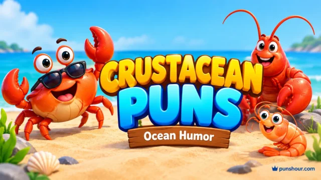Crustacean puns featured image with colorful cartoon crabs, a cute shrimp, and bold 3D typography.