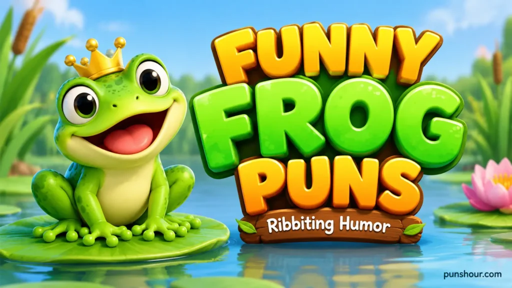 Funny frog puns featured image with a cheerful crowned green frog and bold 3D lettering.