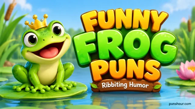 Funny frog puns featured image with a cheerful crowned green frog and bold 3D lettering.