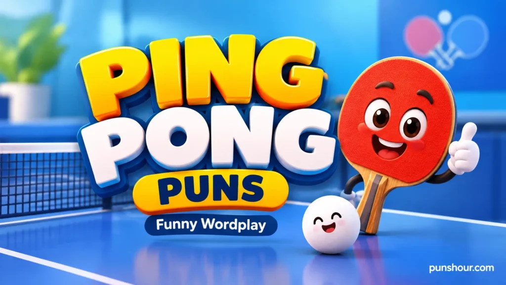 Ping pong puns thumbnail with bold 3D lettering, a smiling red paddle mascot, and a happy table tennis ball.