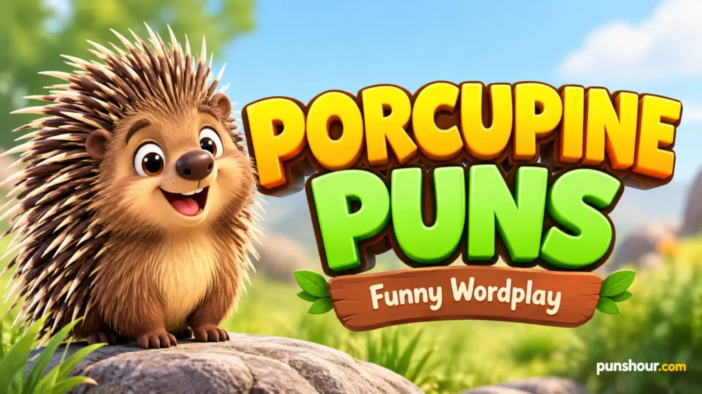 Porcupine puns featured image with a cheerful cartoon porcupine and bold 3D typography