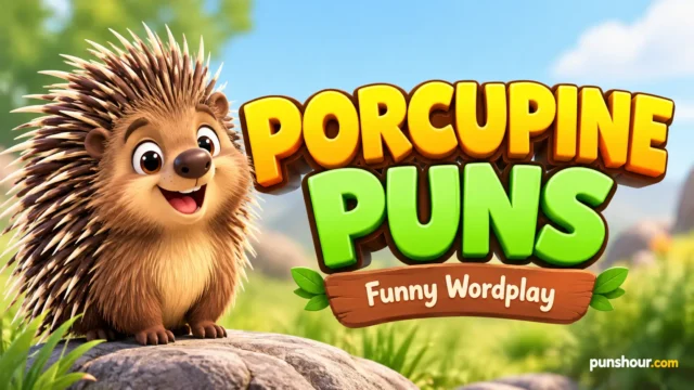 Porcupine puns featured image with a cheerful cartoon porcupine and bold 3D typography