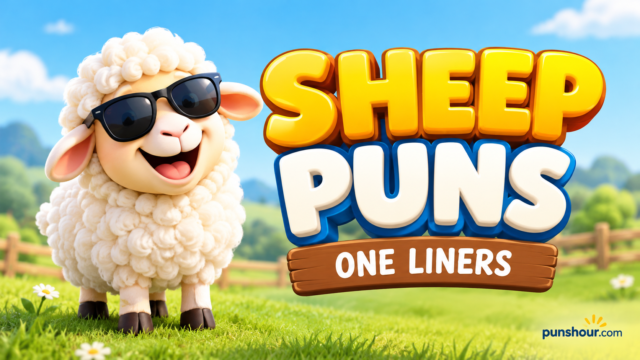 Sheep puns one liners featured image with a cute cartoon sheep and bold 3D typography.