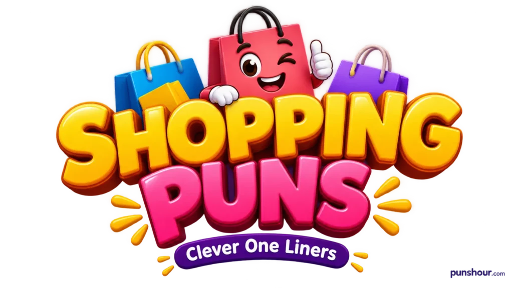 Shopping puns featured image with colorful 3D typography and a cute shopping bag mascot.