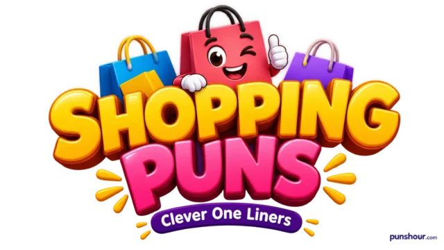 Shopping puns featured image with colorful 3D typography and a cute shopping bag mascot.