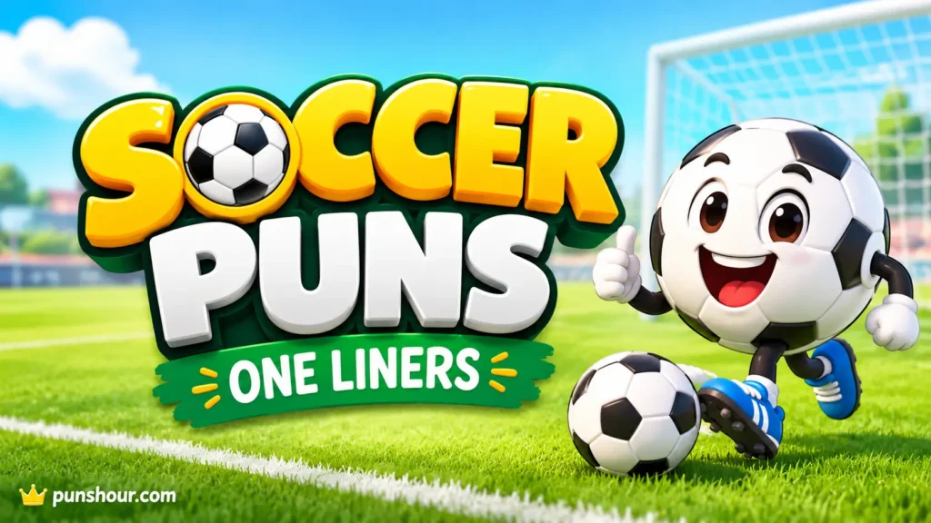 Soccer puns one liners featured image with bold 3D lettering and a cheerful cartoon soccer ball mascot.