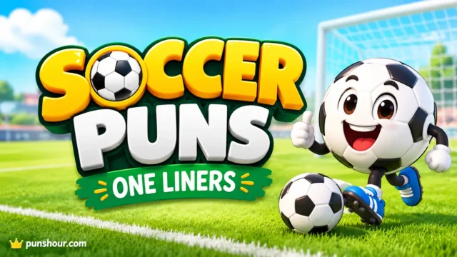 Soccer puns one liners featured image with bold 3D lettering and a cheerful cartoon soccer ball mascot.
